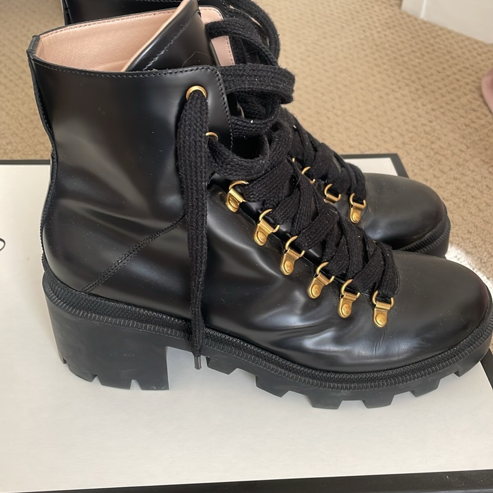 Gucci Lug Sole Combat Boots – Black Leather w/ Gold Hardware, Size 41